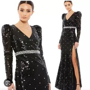 Mac Duggal Black Sequins Long Sleeve Puff Shoulder Rhinestone Formal Dress SZ 12
